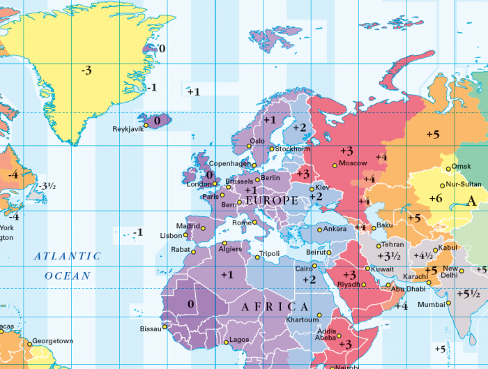 World Time Zones map (colour blind friendly) - size A4 - Cosmographics Ltd