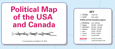 Children's political map of Canada and the USA - Cosmographics Ltd