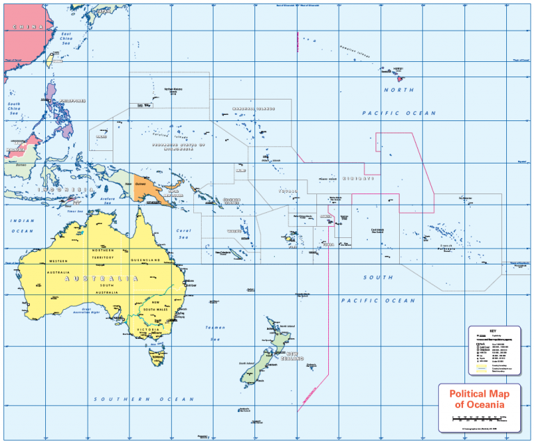 Colour blind friendly Political map of Oceania - Cosmographics Ltd