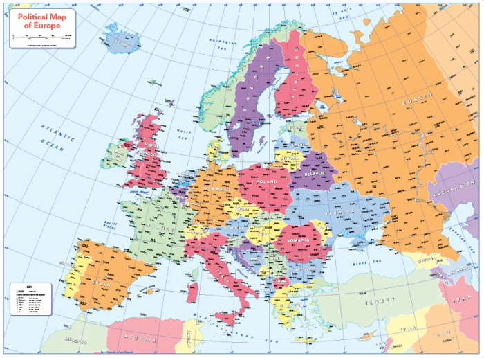 Colour blind friendly Political map of Europe - Cosmographics Ltd